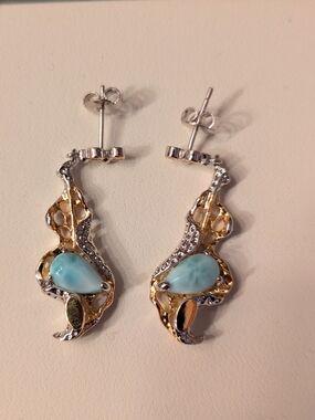 NWOT Elegant Gold and Silver Earrings with Larimar Blue Accents